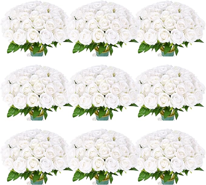 102 PCS Fake Roses Artificial Flowers Bulk, White Roses Bridal Bouquet Silk Faux Rose with Stems for Wedding Flowers Decoration, Valentine's Day, Bridal Bouquet, Anniversary,Home Decor(102PCS, White)