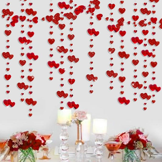 pinkblume Valentines Day Party Decoration Red Heart Garland Metallic Glitter Hanging Heart Streamer Banner for Anniversary Mother's Day Engagement Wedding Bridal Shower Bachelorette Hen Party Supplies