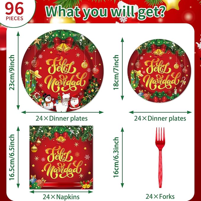 96Pcs Feliz Navidad Decorations Christmas Disposable Tableware Set - Feliz Navidad Red and Green Paper Plates Napkins Forks Mexican Spanish Christmas Party Supplies Serve 24 Guests