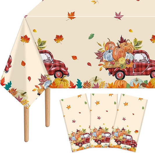 3Pcs Fall Pumpkin Truck Tablecloth, 54 x 108 Inch Thanksgiving Harvest Plastic Table Cover, Disposable Autumn Maple Leaf Table Cloth for Farmhouse Thanksgiving Fall Party Decorations