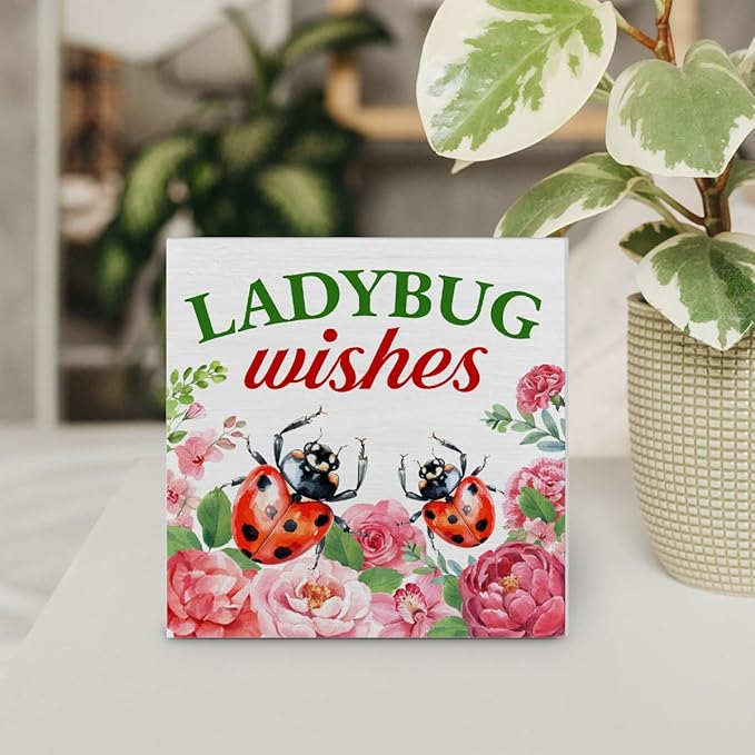 Dolimifa Summer Decorations Summer Floral Wood Block Sign Rustic Summer Decor for Home Desk Table Shelf 5 x 5 Inches, LADYBUG
