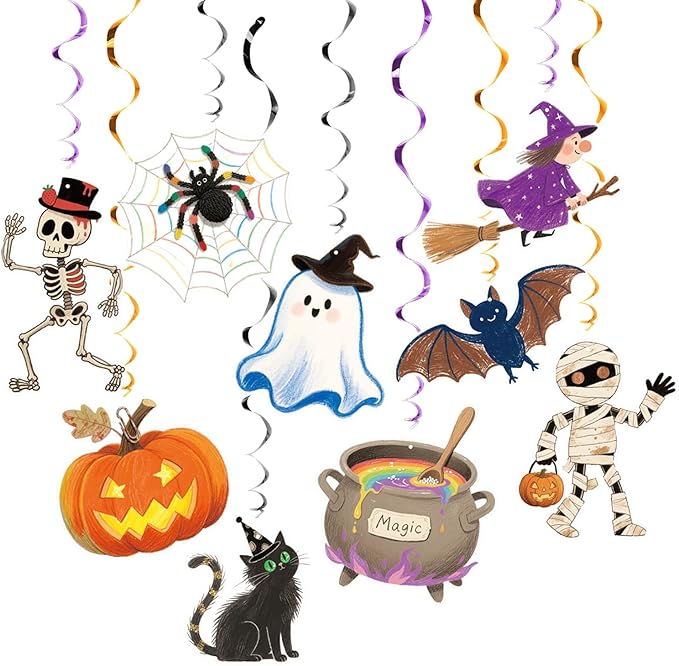 Halloween Hanging Party Decorations, 48 Pcs,Ceiling Decor Indoor Swirl Witches Cauldron Ghost Pumpkin Skull Cat Witch Party Supplies Sign,Black Purple Orange