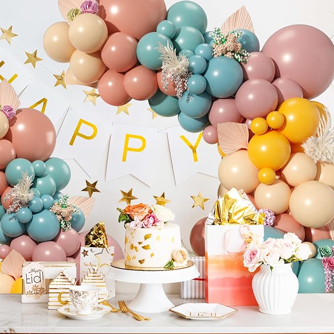 Rainbow Balloons Arch Garland Kit, Dusty Blue Blush Pink Balloon Retro Mustard Yellow Slate Blue Balloon Assorted Colorful Balloons for Baby Shower Boho Birthday Decorations