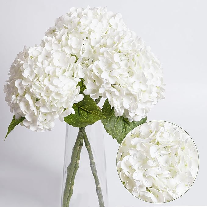 3 Pcs White Hydrangea Artificial Flowers 21" Realistic Latex Faux Hydrangeas Flowers Real Touch Full Heads, Lifelike Long Stem & Leaves for Wedding Outdoor Table Centerpieces Home Party Decoration