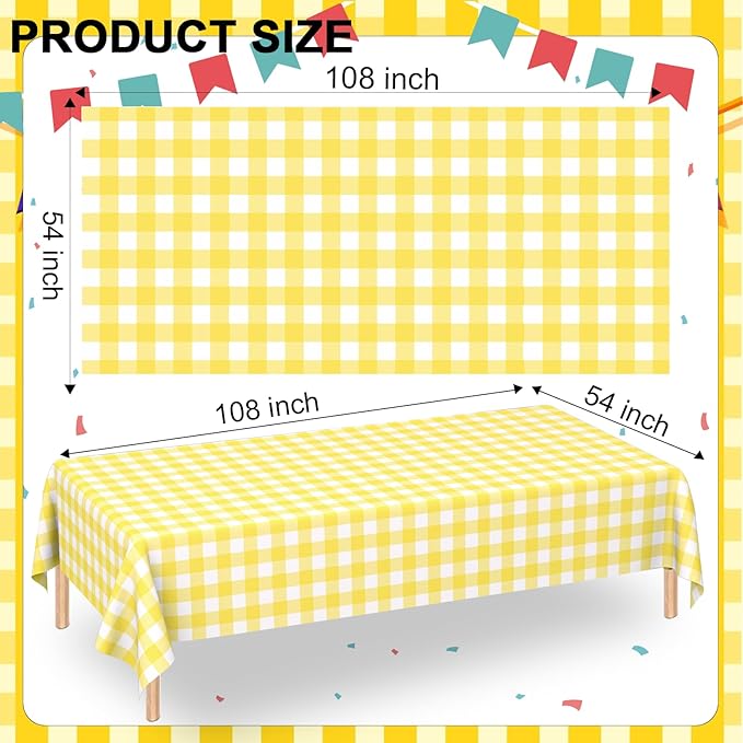 WNINK 3 Pack Light Yellow Gingham Rectangular Plastic Tablecloths, Yellow and White Checkered Disposable Table Covers 54" x 108" for Birthday, Wedding, Bridal Shower, Outdoor Picnic Camping Parties