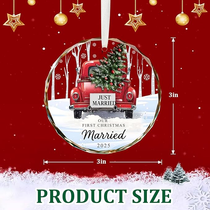 First Christmas Married Ornament 2025, Crystal Glass Just Married Ornament, Wedding Gifts for Couples, Romantic Newlywed Christmas Decoration