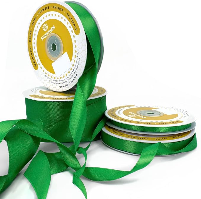 Green Satin Ribbon Roll, 1/4 inch x 50 Yards, Double Face Solid Color, Thick and Durable, 100% Polyester for Gift Wrapping, Crafts, Hair and Decorations