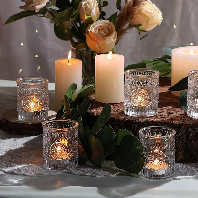 DEVI 24pcs Clear Glass Votive Candle Holders, Vintage Candle Holder for Votives&Tea Lights&Floating Candles, Wedding Decorations for Receptions, Valentine Wedding Centerpieces Table Decoration