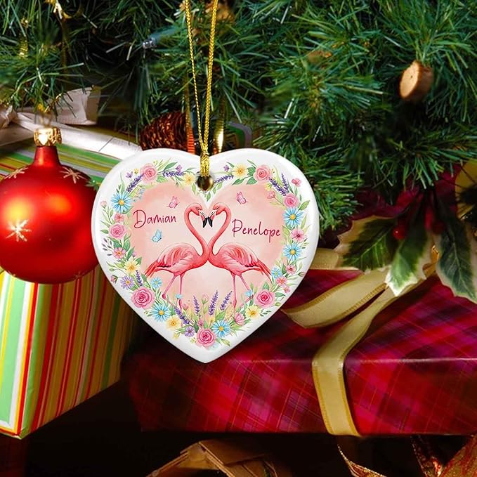 Couple Flamingo Marriage Christmas Heart Ornament 2025, Personalized Ornament Gift for Just Married Wedding, Pink Flamingo with Floral Keepsake, Custom Names Couple Bird Ceramic Ornaments Xmas