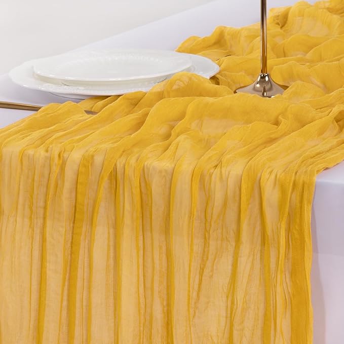 Socomi 6pcs Gold Yellow Fall Thanksgiving Cheesecloth Table Runner Boho Rustic Gauze 120 inch 10FT Cheese Cloth Runner for Wedding Party Baby Shower Birthday Home Decor Holiday Decorations