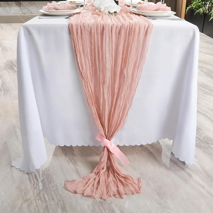 NESCCI 2 PCS Dusty Pink Table Runner,Rustic Boho Cheesecloth Table Runner,35x120 Inches Runners for Tables, Pefect for Mothers Day Wedding Baby Shower Birthday Party Home Decorations