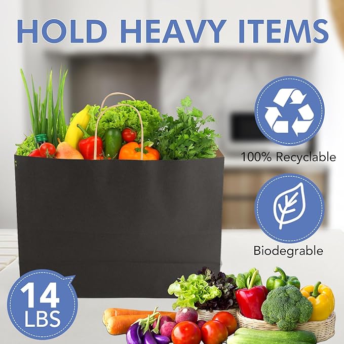 XPCARE 100Pack Large Kraft Paper Bags with Handles Bulk, 16x6x12 Inch Black Paper Bag Kraft Shopping Bags for Business Merchandise Wedding Party Favor Bag