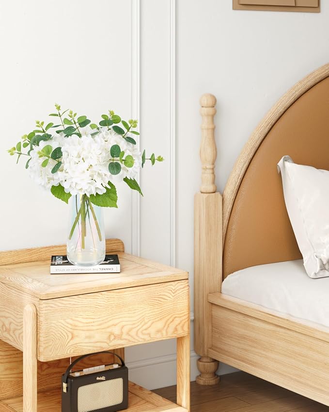 Tifuly 4pcs Fake Hydrangea with Vase -3D Real Touch Faux Hydrangea Flowers and 3pcs Eucalyptus Stems for Wedding Centerpiece Home Party Table Decoration（White）