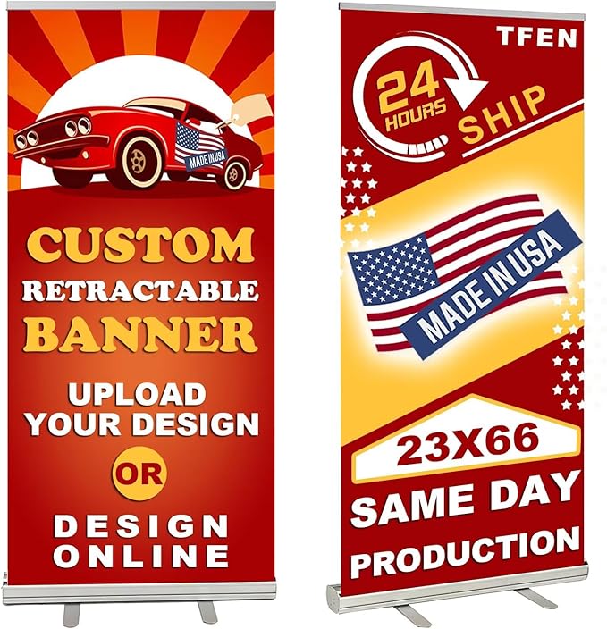 TFEN-Made in USA-Custom Aluminum Retractable Banner 23"x66", with Stand Roll up Banner for Business, Trade Shows, Stores, Advertising, Events, Custom Banners Personalized