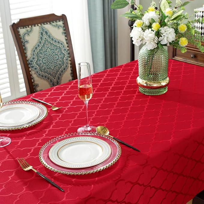 SASTYBALE Jacquard Christmas Tablecloth Flower Pattern Polyester Christmas Table Cloth Spill Proof Wrinkle Resistant Table Cover for Xmas Holiday Party Decor (Rectangle, 60" x 84" (6-8 Seats),Red)