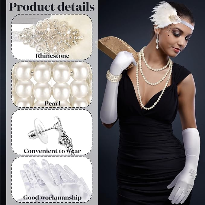 Maitys 1920s Accessories Set for Women Flapper Costume Feather Headband Necklace Bracelet Earrings