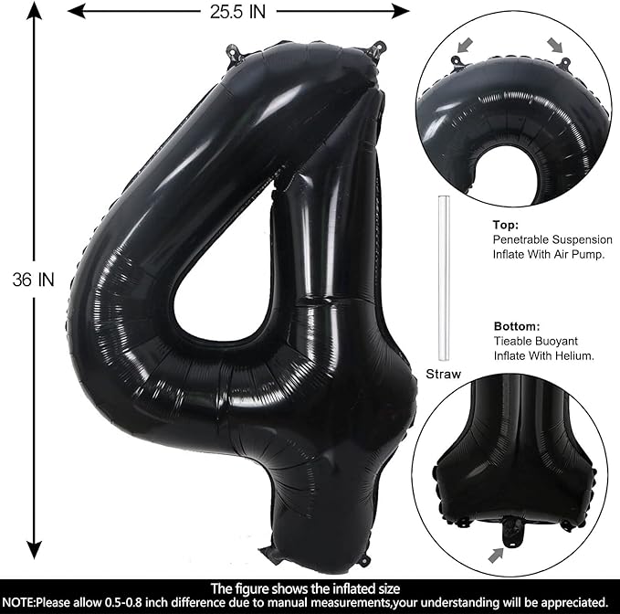 40 Inch Black Number 4 Balloons Helium Giant Black 4 Balloons for Birthday Party Decorations Anniversary Baby Shower Photo Shoot Supplies