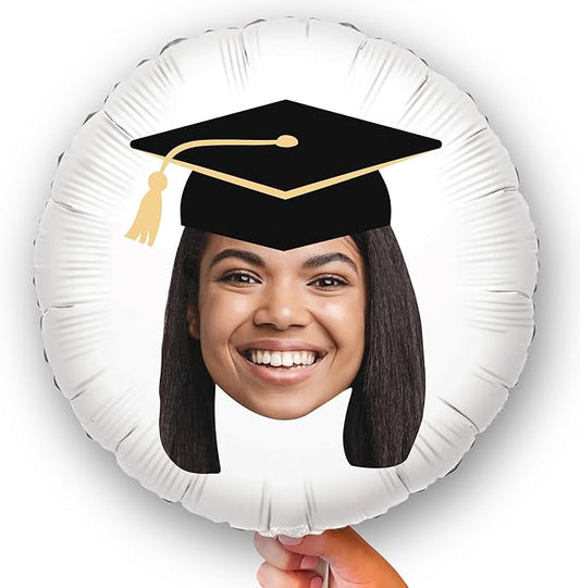 Big Dot of Happiness Personalized Grad Cap Fun Face Photo Balloon, Elementary High School College Custom Graduation Party Decorations, Double-Sided Round Circle Mylar, 1 Piece