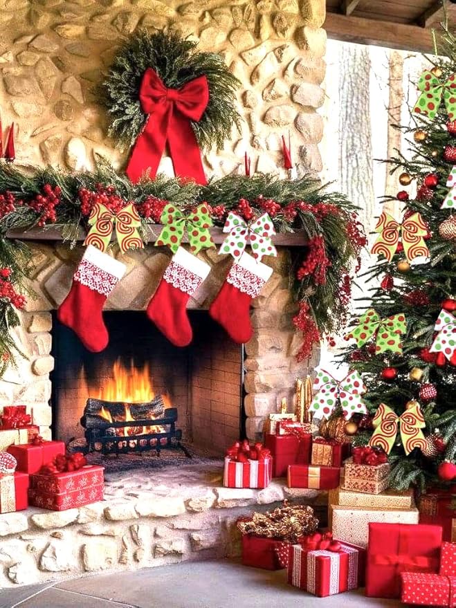SIMISI RIBBON Christmas Tree Bows Wreaths Graland Xmas Party Decorations Red Green Polka Dot Ornaments (6 * 6 Inches, 12 Pcs)