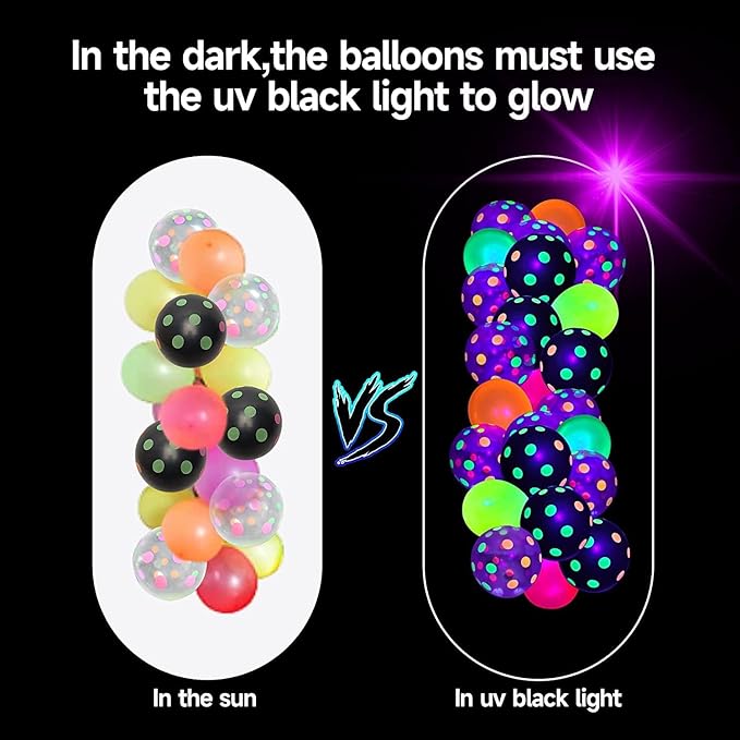 90 Pcs UV Neon Balloons,Neon Polka Dot Glow Party Balloons UV Black Light Balloons Glow in the dark for Birthday Decorations Wedding Glow Party Supplies Blacklight Carnival
