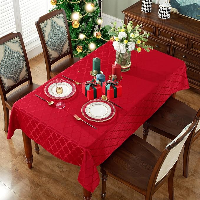 SASTYBALE Jacquard Christmas Tablecloth Flower Pattern Polyester Christmas Table Cloth Spill Proof Wrinkle Resistant Table Cover for Xmas Holiday Party Decor (Rectangle, 52" x 70" (4-6 Seats),Red)