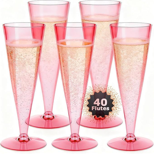 40 Pack Pink Plastic Champagne Flutes Disposable Champagne Glasses, 4.5 Oz Clear Mimosa Glasses Bulk Cocktail Toasting Cups for Party Supplies Wedding Bride Bar, Copas De Plastico Para Brindis