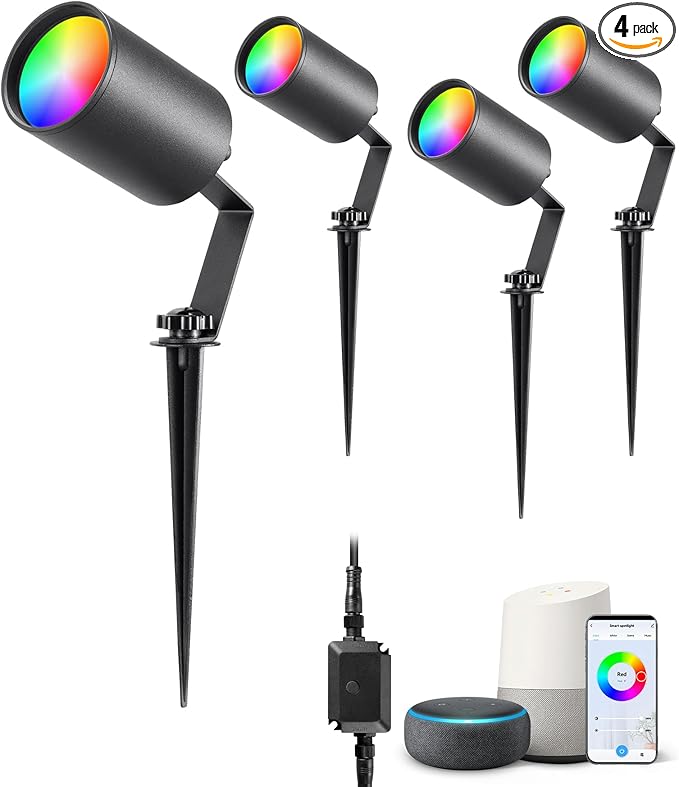 EDISHINE 50FT Christmas Smart Low Voltage Landscape Spotlights, 300LM RGBW Color Changing Landscpae Lighting, APP Control Alexa & Google Home, IP67 Waterproof Outdoor Spot Lights for Yard Garden
