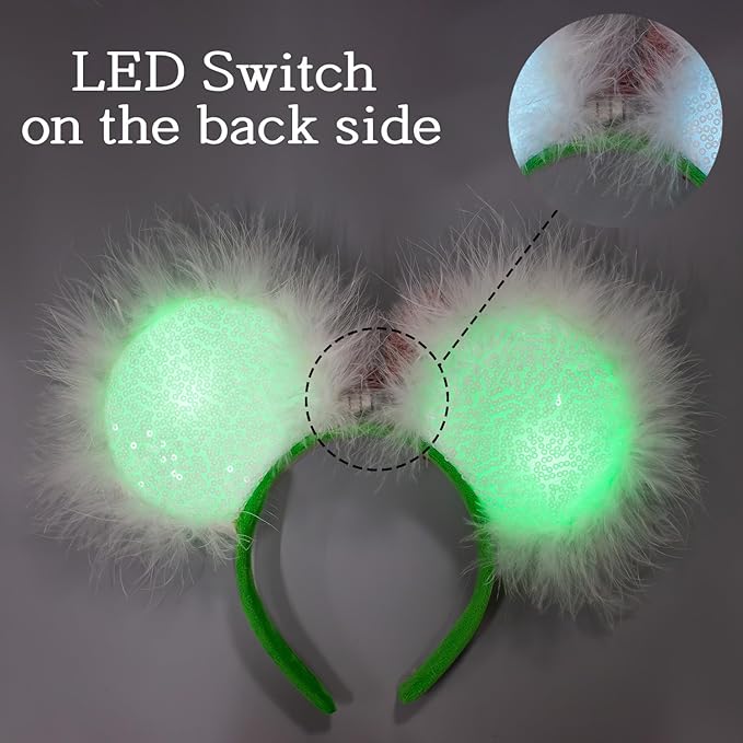 JIAHANG Mouse Ear Christmas Light Up Headband, Lollipop LED Hairband with Sequin Bow, Flash Glowing Party Decoration Headwear Hair Accessories for Women Girls