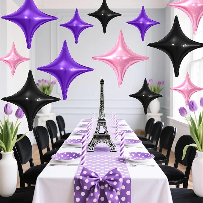 Black Purple Pink Star Balloons,12Pcs Four Angle Star Foil Balloons,26Inch and 10Inch Black Purple Quadrangle Helium Balloon for Girl Theme Birthday Baby Shower Party Decorations