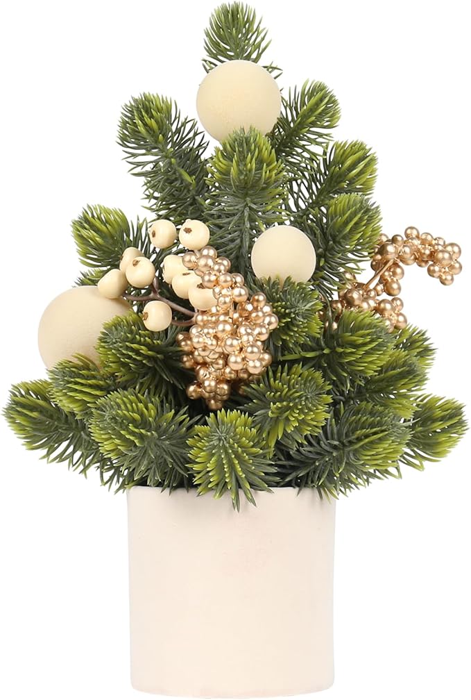 SY Super Bang Small Christmas Tree, 12Inch Artificial Beige Velvet Ball Berry Mini Tabletop Tree Christmas Decorations, for Home Party Thankgivings Xmas Indoor Decor.