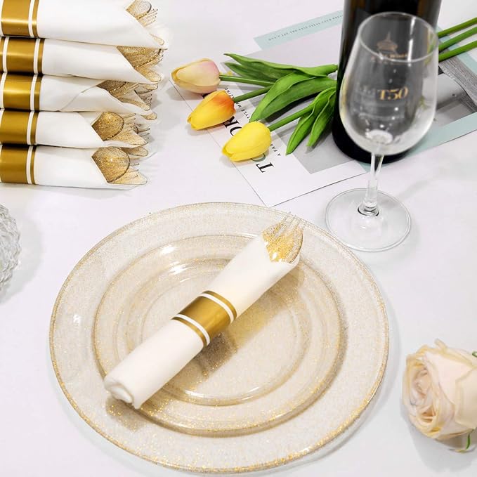 DaYammi 350 Pieces Gold Glitter Dinnerware Set 50 Guest for Party Thanksgiving Plates Disposable - 50 Dinner Plates, 50 Dessert Platos -50 Per Rolled Napkins with Gold Cutlery -50 Disposable Cups 9 OZ