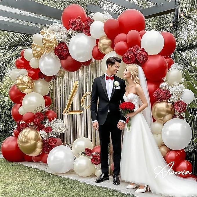 Red White Gold Balloon Garland Double Stuffed Burgundy Red White Sand Pearl Balloon Arch Kit Maroon Wine Balloons for Birthday Wedding Engagement Anniversary Christmas New Year Party Decorations