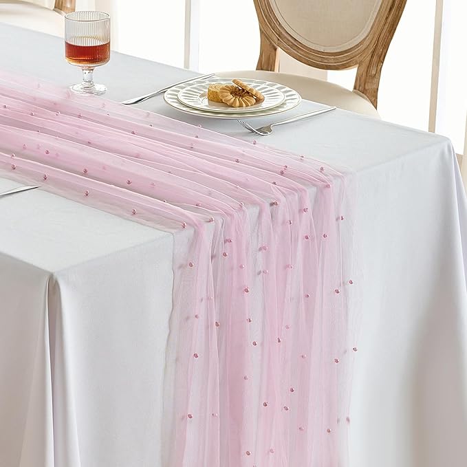 Fanami 3 Pack Pearl Table Runner -10FT Blush Pink Boho Tulle Table Runners 120 Inches Long Rustic Sheer Lace Fabric Centerpieces for Wedding Arch Birthday Party Bridal Veil Baby Shower Decorations