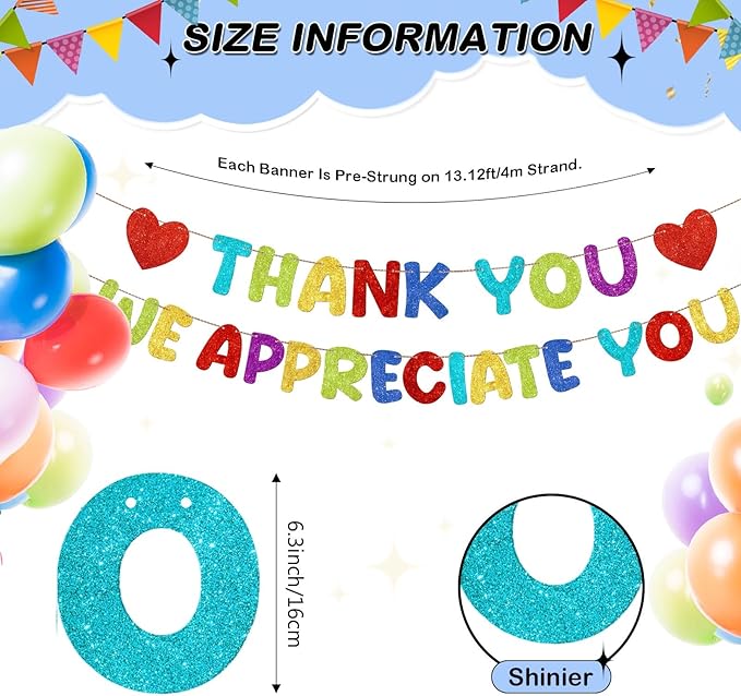 Fulmoon Pre Strung Thank You We Appreciate You Glitter Banner Funny Appreciation Banner for Employee Coworker Staff Teacher Thank Sign Party Decorations(Colorful)