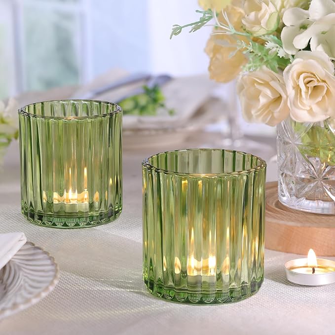 Green Large Votive Candle Holder Set of 8, Tea Lights Candle Holders for Wedding Table Centerpieces, Boho Decor, Home Dinner Birthday Party Decor, Bridal Shower and Holiday Decorations