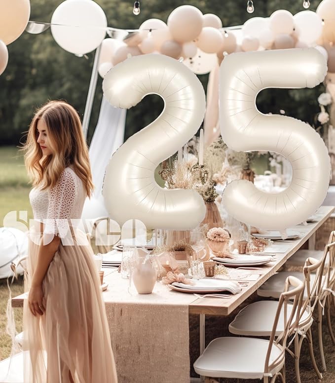 SUWEN 40 Inch Large Cream White 25 Balloon Numbers Big Foil Helium Number Balloons 0-9 Jumbo Happy 25th Mylar Birthday Party Decorations for Women or Men 52 Anniversary Party Supplies