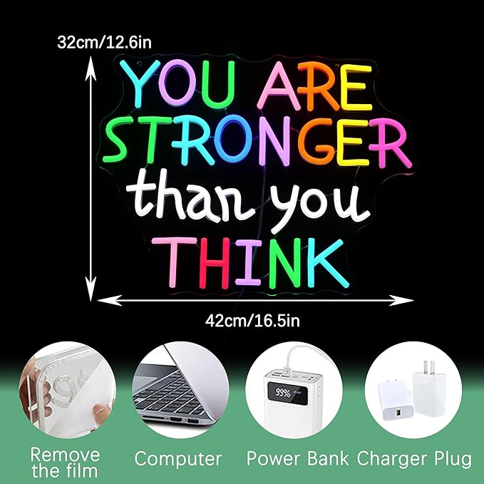 You Are Stronger Than You Think Neon Sign for Wall Decor Colorful Letter Neon Light Inspirational Light Up Sign for Classroom Bedroom Gym House Man Cave Kid’s Room Family(16.5 * 12.5in)