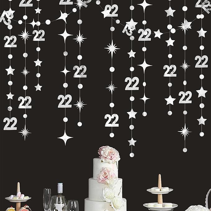 Silver 22nd Birthday Decorations Number 22 Circle Dot Star Garland Streamer Bunting Banner Backdrop for Women Mens Feeling 22 Twenty Two Years Old Birthday Happy 22th Anniversary Party Supplies