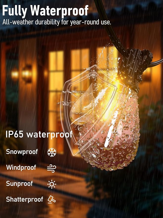 luckystyle 50FT LED Outdoor String Lights with Remote,16+ 1 Shatterproof Bulbs Waterproof and Dimmable Patio Lights for Porch, Garden, Backyard, Deck, Balcony, 2700K, Hanging Lighting