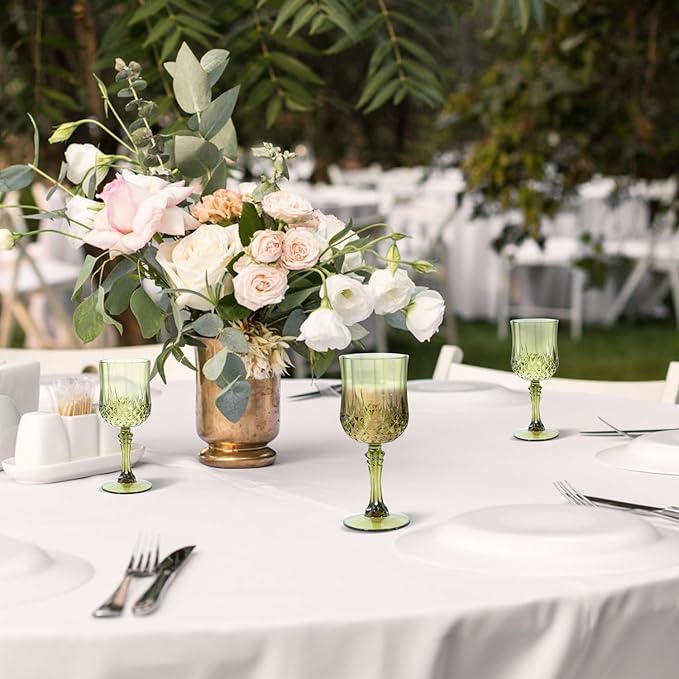 12 Pcs Plastic Green Wine Drinking Glasses, Plastic Water Goblets Green Vintage Reusable Drinkware Vintage Champagne glassware for Wedding Reception Grand Event Party, 7oz