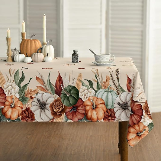 Horaldaily Fall Tablecloth 60×84 Inch Rectangular, Flower Autumn Harvest Pumpkin Washable Seasonal Table Cover for Party Picnic Dinner Decor