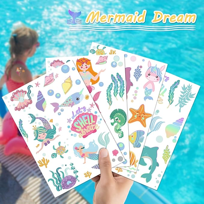 Temporary Tattoos Mermaid for Kids, 80+ Metallic Foil Style Bronzing Fake Tattoos, 4 Sheets Glitter Tattoos, Birthday Party Supplies, Easter Present, Ocean Animal Stickers for Boy and Girls