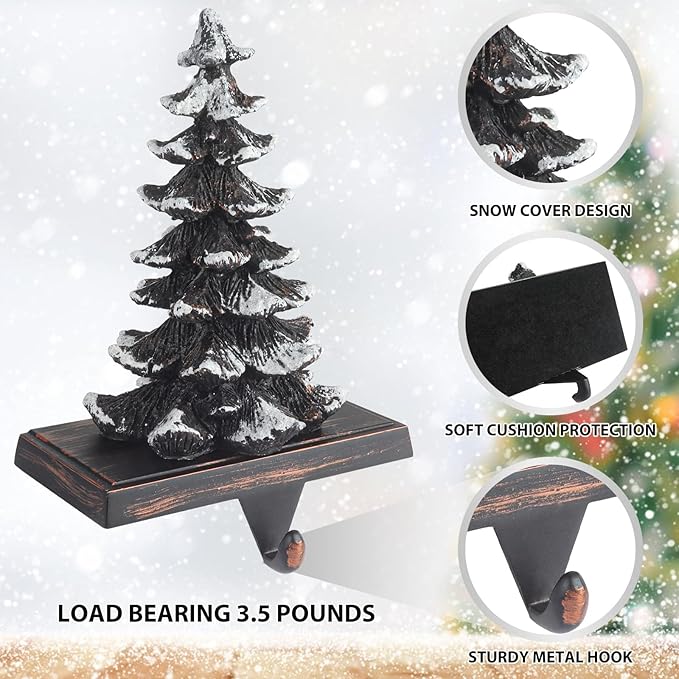 JUSTOTRY Christmas Stocking Holders for Mantle Set of 4 Snow Brown Vintage Xmas Tree with Non-Skid Stockings Holders for Fireplace Home Decor Holiday Gifts Christmas Decorations Indoor Supplies
