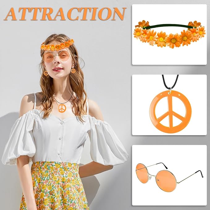 Hippie Costume Set Includes Peace Sign Necklace and Earring, Flower Crown Headband and Sunglasses 60s 70s Party Accessories