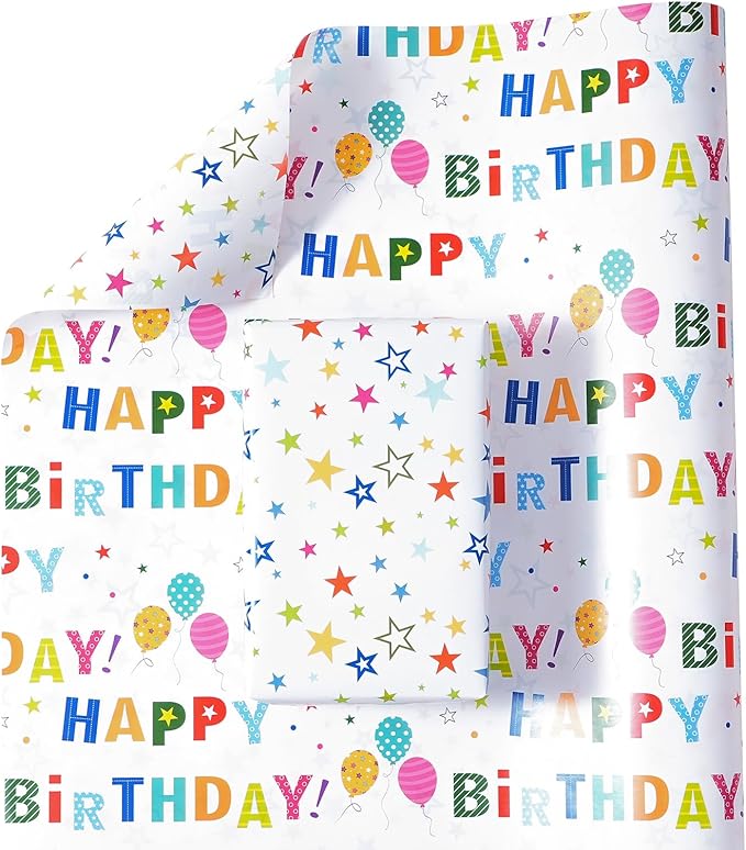 Reversible Birthday Wrapping Paper Roll for Boys Girls Kids - Mini Roll - 17 Inches X 33 Feet - Colorful Happy Birthday Lettering Balloon and Stars Design for Boy Girls Kids