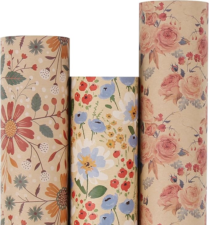Aimyoo Kraft Floral Wrapping Paper Bundle, Vintage Spring Flowers Rose Gift Wrap Paper for Wedding Bridal Shower Birthday, 3 Rolls 17 in x 16 ft per Roll