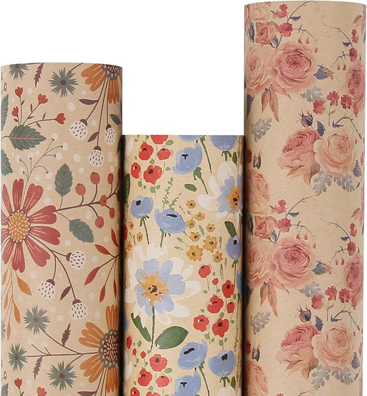 Aimyoo Kraft Floral Wrapping Paper Bundle, Vintage Spring Flowers Rose Gift Wrap Paper for Wedding Bridal Shower Birthday, 3 Rolls 17 in x 16 ft per Roll