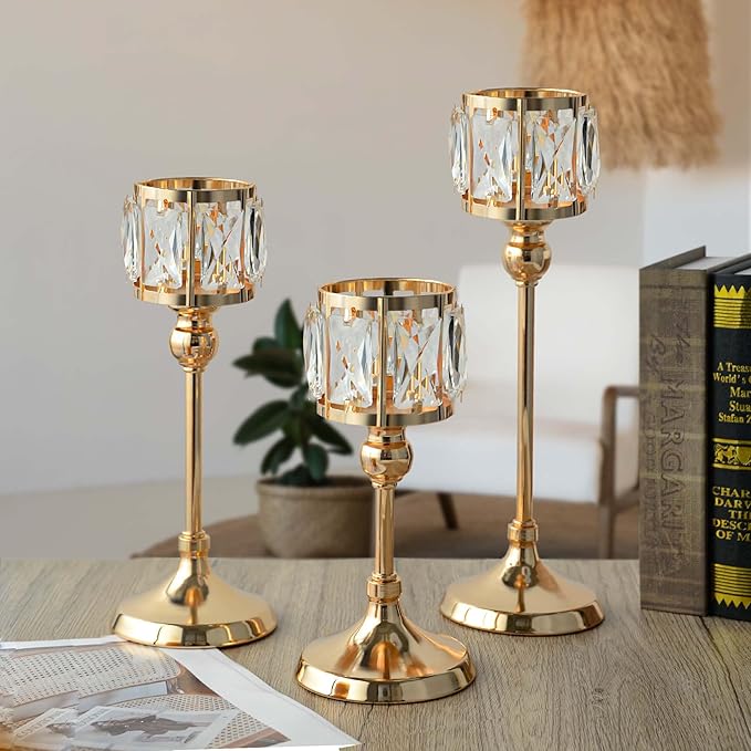 Crystal Tealight Candle Holders Set of 6 (9''/11''/13'') - Elegant Metal & Glass Centerpieces for Stunning Home Decor (Gold)