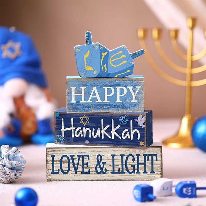 4 Pcs Hanukkah Table Decorations Chanukah Tiered Tray Decor Dreidel Star of David Wooden Block Signs Blue and White Jewish New Year Judaism Hanukkah Decor for Home Kitchen Mantel Party