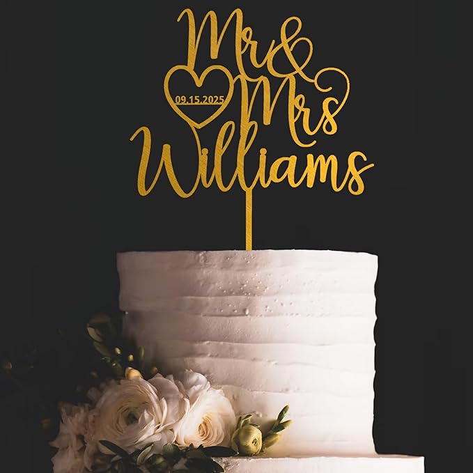 Noni Luxury Personalized Wedding Cake Topper with date and heart, Custom Couples Script Cake Topper for Weddings, Rustic Cake Topper, Custom Cake topper, Mr and Mrs Cake Toppers for Wedding